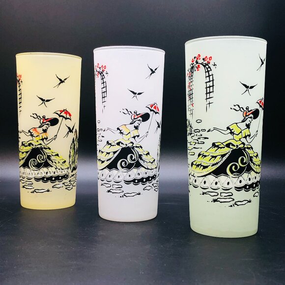 60s Southern Belle Tom Collins Cocktail Glass Set of 3 Frosted Highball Tumblers - Picture 1 of 13